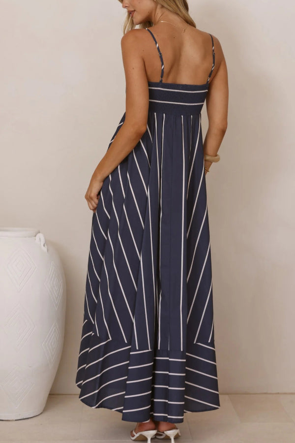 Striped Print Square Neck Spaghetti Strap High Waist Casual Maxi Dress