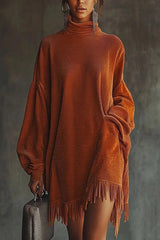 Solid Color Loose-fitting Turtleneck Long-sleeved Tassel Hem Casual Mini Dress