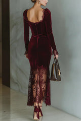 Fashionable Velvet and Lace Patchwork Square Neck Long-sleeved Maxi Dress