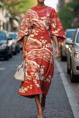 Unique Print Batwing Sleeve Waisted Casual Midi Dress