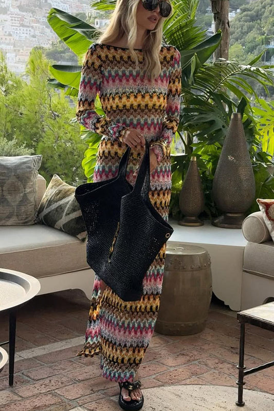 Jensin Knit Colorful Zigzag Pattern Long Sleeve Open Back Slit Vacation Maxi Dress