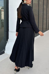 Solid Color Lapel Button Belt Blazer and Pleated Casual Maxi Skirt Set
