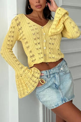Fashion Hollow Button Long Sleeve V-neck Knitted Cardigan