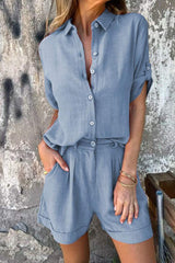 Linen Blend Solid Color Button Lapel Short Sleeve Shirt and Casual Pocket Shorts Set