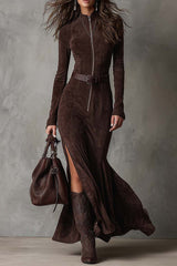 Fashion Long-sleeved Zippered Slim-fit Slit Maxi Dress