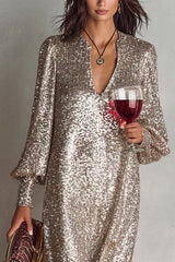 Minimalist Sparkling Sequin V-neck Long Balloon Sleeve Slit Party Maxi Dress