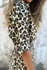 Fashionable Leopard Print Short Sleeve Tie Waist Elegant Maxi Dress