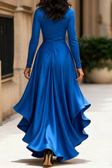 Solid Color Satin V-neck Long-sleeved Elegant Ruffled Maxi Dress
