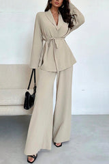 Solid Color Collared Long-sleeved Tie-wst Loose Top and Elastic Wst Casual Wide-leg Pants Set