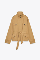 Chic Comfort Epaulettes Contrast Buttons Pocket Belt Cropped Trench Coat