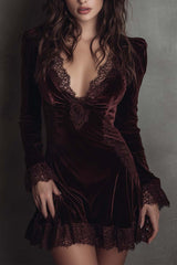 Fashionable Velvet and Lace Patchwork Long-sleeved V-neck Slim-fit Mini Dress