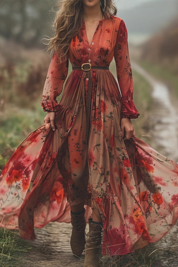 Floral Print V-neck Long-sleeved Fitted Waist Vacation Maxi Dress