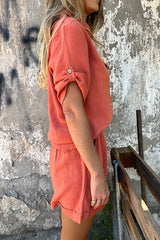 Linen Blend Solid Color Button Lapel Short Sleeve Shirt and Casual Pocket Shorts Set