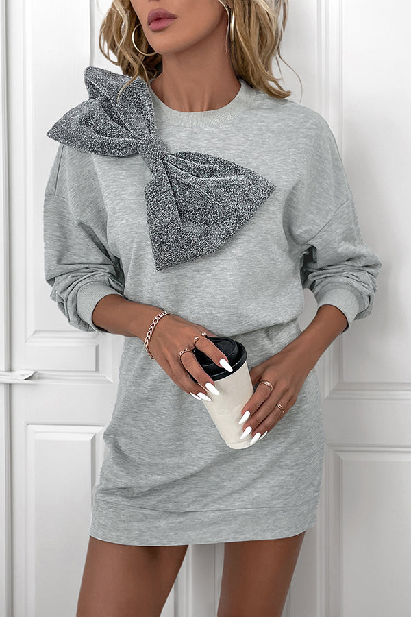 Solid Color Shiny Bow Casual Long Sleeve Sweatshirt Mini Dress