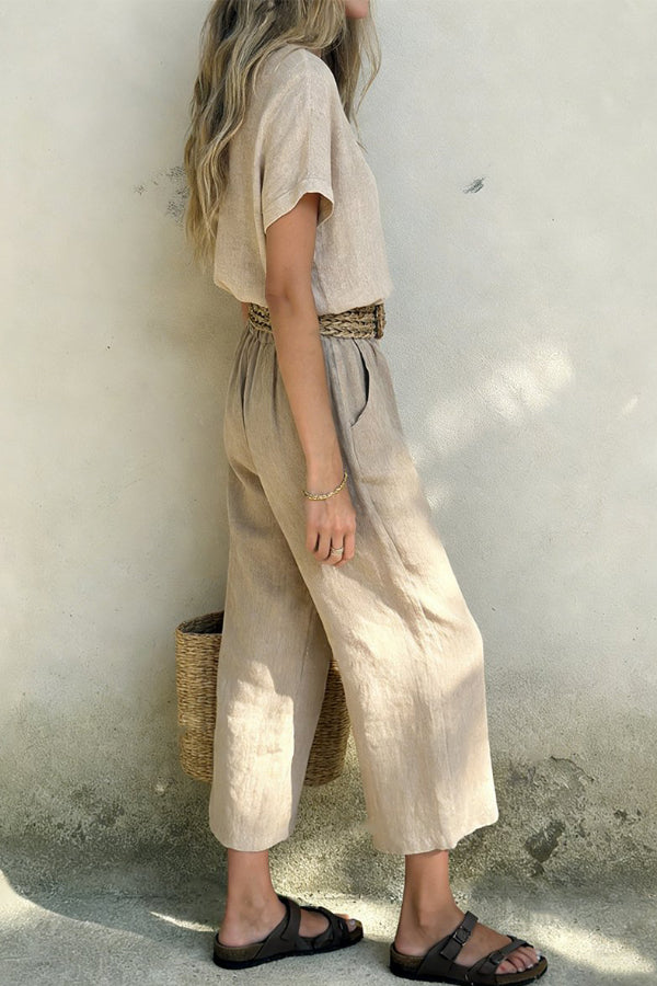 Linen Blend Crew Neck Short-sleeved Top and Elastic Waist Casual Pocket Pants Set