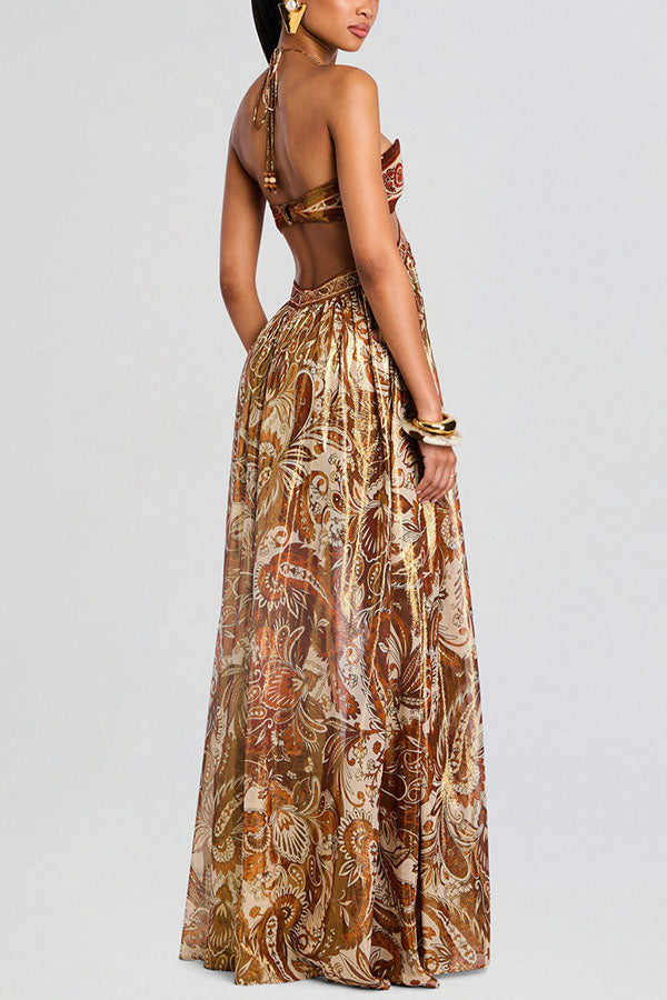 Bohemian Flair Chiffon Golden Paisley Print Cutout Halter Maxi Dress