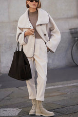 Romane Faux Fleece Fabric Contrast Trim Long Sleeve Knitted Pocket Lapel Loose Jacket