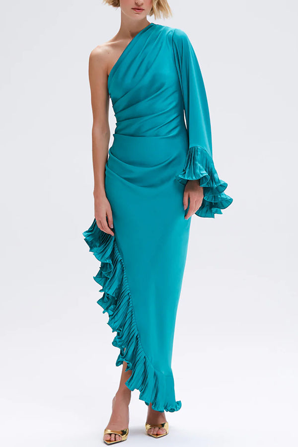 Elegant Satin One Shoulder Sleeve Pleated Ruffles Trim Ruched Asymmetrical Maxi Dress