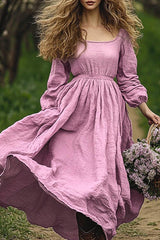 Solid Color Square Neck Long Sleeve Waist Casual Maxi Dress