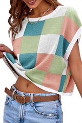 Fashionable Checkerboard Color Block Short-sleeved Loose Sweater