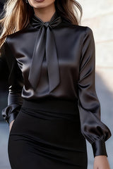 Solid Color Satin Long-sleeved Casual Tie-front Shirt