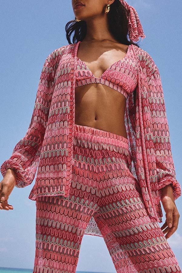 Beach Style Knit Unique Print Long Sleeve Kimono Shirt and Stretch Wide Leg Pants Set