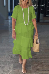 Linen Blend Solid Color Round Neck Casual Loose Midi Dress