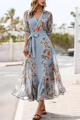 Floral Print V-neck Short-sleeved Bow Waist Midi Dress