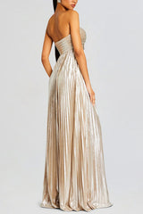 Metallic Sexy Tube Top Pleated High Slit Maxi Dress