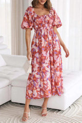 Holiday Square Neck Floral Print Puff Sleeve Madi Dress