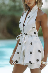 Gabby Linen Blend Polka Dot Tie-up Lapel Halter Vest and Metal Ring Belt Loose Shorts Set