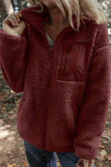 Solid Color Faux Cashmere Zip-up Pocket Casual Jacket