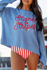 Stars Stripes Casual Round Neck Long-sleeved Loose Knit Sweater
