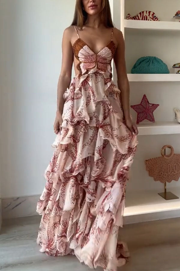 Ariae Butterfly Print Multi-layered Ruffles Backless Tie-up Maxi Dress