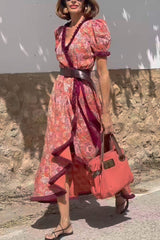 Bohemian Floral Print Elegant Puff Sleeve Holiday Maxi Dress