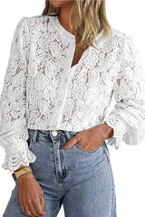 Fashionable Lace Long-sleeved Casual Button-down Shirt