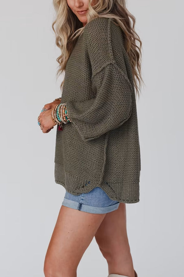 Solid Color Loose Round Neck Long Sleeve Casual Knitted Sweater
