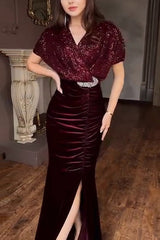 Elegant V-neck Sequined Velvet Stitching Sexy Slit Maxi Dress