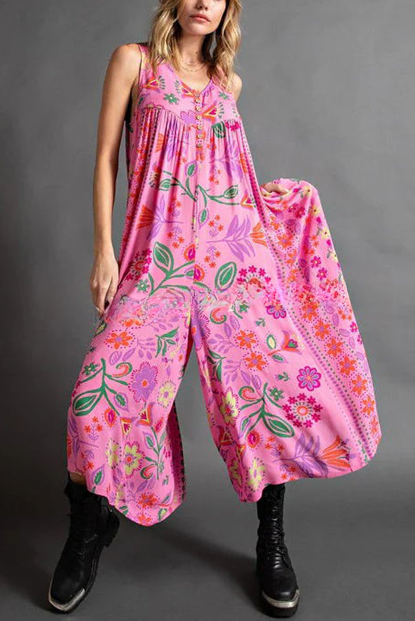 Vintage Boho Floral Print Pocketed Loose Jumpsuit