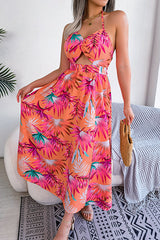 Plant Print Halter Neck Hollow Holiday Beach Midi Dress