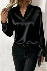 Solid Color Satin Loose V-neck Long-sleeved Casual Shirt