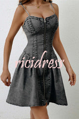 Fashionable Patchwork Suspender Zipper Slim Denim Mini Dress