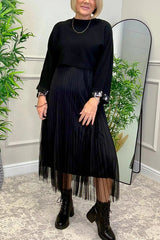 Fenna Ribbed Sequin Trim Batwing Sleeve Sweater and Pleated Tulle Stretch Tank Midi Dress Two-piece Set