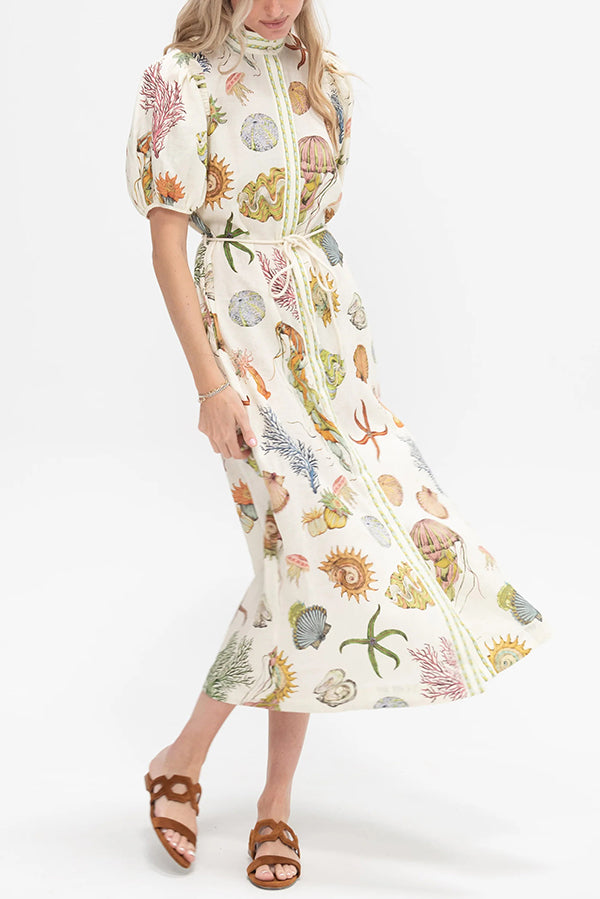 Beach Shell Print Puff Sleeve Tie-Waist Casual Midi Dress