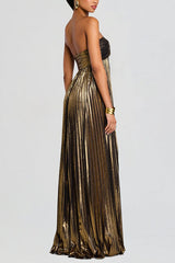 Metallic Sexy Tube Top Pleated High Slit Maxi Dress