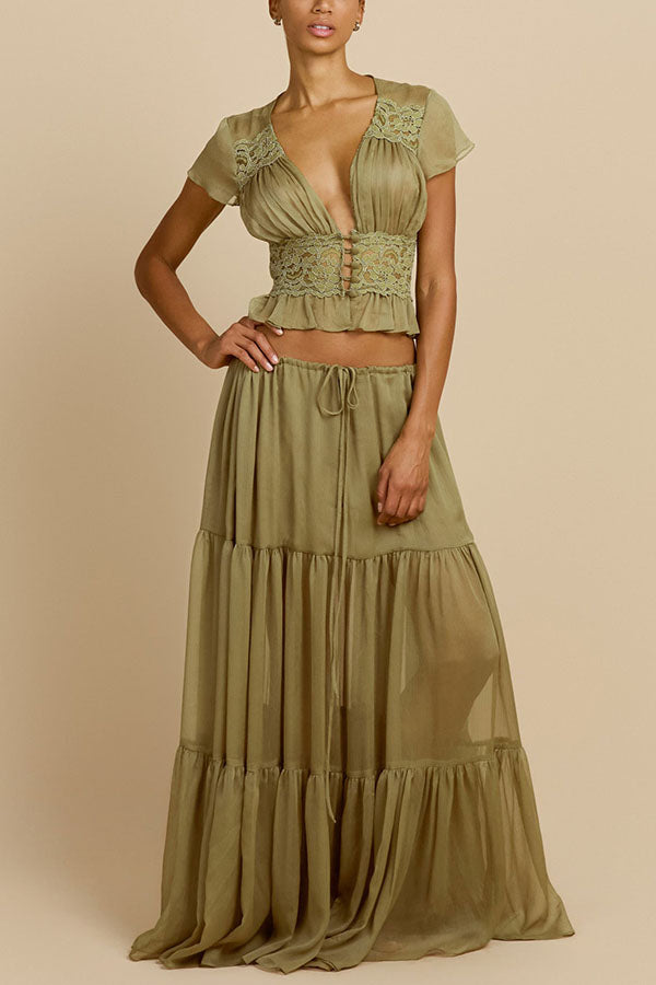 Sabrina Chiffon Lace Trim Button Up Short Sleeve Ruffle Plung Blouse