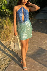 Fashion Sexy Sequined Backless Halter Neck Slim Fit Mini Dress