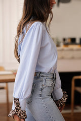 Striped Print Loose Long-Sleeve Leopard Print Patchwork Casual Shirt