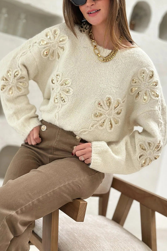 Fashionable Sequined Floral Loose Long-sleeved Knit Sweater