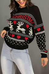 Christmas Elk Heart Shaped Round Neck Long Sleeve Loose Knitted Sweater